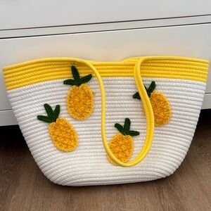 Pineapple Embellished White and Yellow Tote Bag